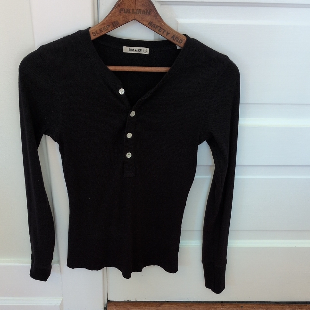Buck Mason Black Ribbed Long Sleeve Henley Size Small